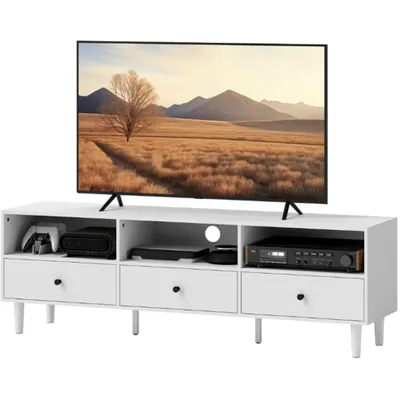 Produktbild von TV-Schrank, TV-Kommode, TV-Ständer für 75-Zoll-Bildschirme, 3 offene Fächer, 3 Schubladen,Weiß