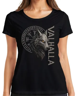 Produktbild von Valhalla Wikinger Wolfskopf Runen Nordische Mythologie Fenrir Damen T-Shirt, Schwarz, XL