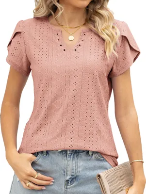 Produktbild von ASKSA Damen T-Shirt Blütenblatt Ärmel Aushöhlen Bluse V-Ausschnitt Sommer Kurzarm Einfarbig Lose Oberteile, Rosa, S