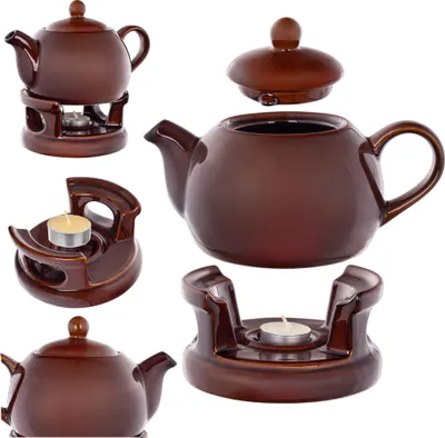 Produktbild von KADAX Teekanne 1L mit Stövchen Set, Kaffeekanne aus Porzellan mit Deckel, Griff und Teestövchen, Kanne mit Teelicht Wärmer für Tee, Teeservice (Braun)
