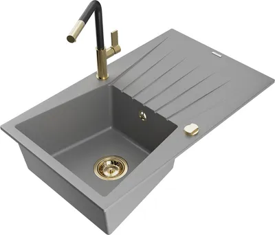 Produktbild von Mexen Cesar 1 Becken-Granitspüle mit Abtropffläche und Mischbatterie Flora, Grau - 6514-71-670401-57-G