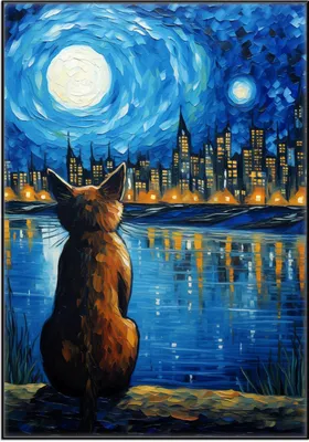 Produktbild von Wallario Wandbild Katze im Mondschein, Größe: 70,30 x 100,30 cm, Poster mit schwarzem Aluminiumrahmen