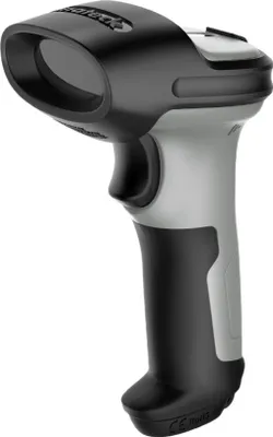 A studio shot of a black and gray barcode scanner against a white background.