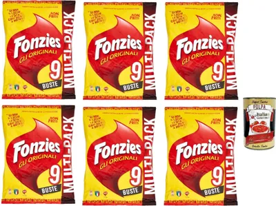 Produktbild von Fonzies Der originale, Original knusprige Mais-Snack mit Käse-Geschmack, Mais snack mit Käse Multipack – 9 Beutel, 6x 212 g + Italian gourmet polpa 400g