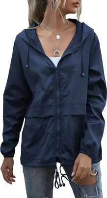 Produktbild von ASKSA Dámská bunda do deště Lehká bunda na zip Větrovka Outdoorová pláštěnka s kapucí, tmavě modrá, L