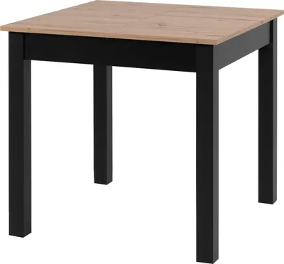 A square dining table with a light wood top and black legs, shown from a slightly elevated angle against a white background.