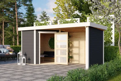 Produktbild von Karibu Gartenhaus Gerätehaus Schwandorf 3 im Set mit Anbaudach 2,40 m Breite und 19 mm Seiten- und Rückwand terragrau 433x217x218 cm