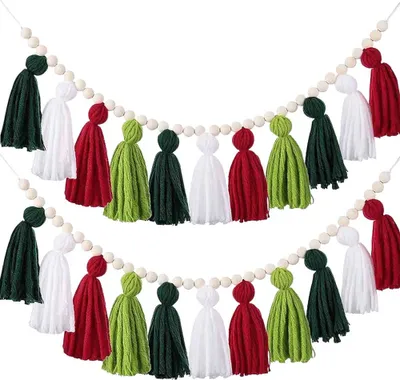 Image de 2 pièces Rouge/Vert/Blanc 100cm Guirlande de houppette Bannière de houppette décorative Tenture murale pour la décoration de la maison Mariage Anniversaire Baby Shower Party Supplies, pré-assemblé