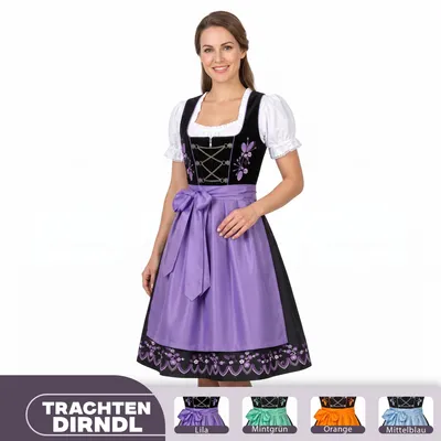 Zdjęcie produktu dla Kompletny strój ludowy "Dirndl" składający się z trzech elementów: sukienki "Dirndl", bluzki i fartucha. Rozmiar: 42. Kolor: fioletowy
