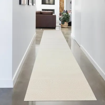 Image de Tapis de salon recyclé avec motif à effet haut-bas • doux • crème Dimensions : 80 x 300 cm