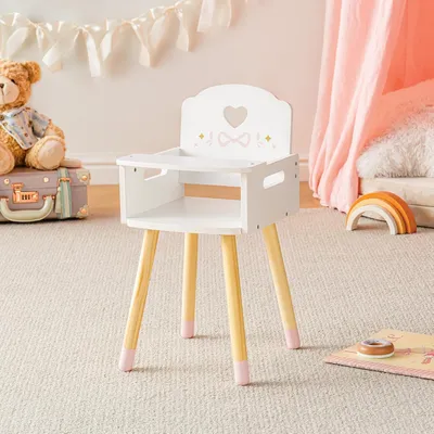 Produktbild von Puppenhochstuhl 45 cm, weißes Holz, mit abnehmbaren Tabletts Herz und Schleife Dekoration, für Kinderzimmer