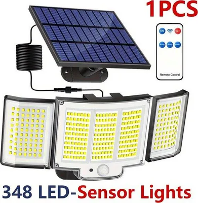 Obrázok produktu pre Solárne vonkajšie svietidlo s pohybovým senzorom – Solárne vonkajšie svietidlo so senzorom – Solárna energia – 348 LED reflektorov – Odolné voči poveternostným vplyvom