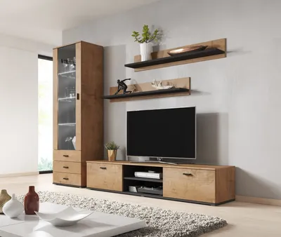 Produktbild von Furniture24 Wohnwand SOHO 1 mit Weißer LED Beleuchtung, Anbauwand, Wohnzimmerschrank, Schrankwand, Vitrine, Lowboard, Hängeregal Lefkas Eiche/Schwarz