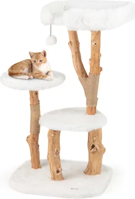 Immagine prodotto di COSTWAY tiragraffi 110cm, albero per gatti con seduta in peluche, 2 piattaforme e palla da gioco, torre per gatti con tiragraffi, mobili per gatti in legno massiccio bianco
