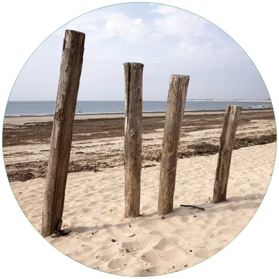 Produktbild von Wallario Premium Glasbild, freischwebende Optik, kräftige Farben, rund 50cm Durchmesser, Motiv Sandstrand mit Holzpfählen am Atlantischen Ozean