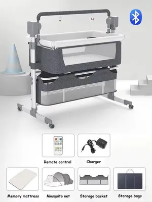 Produktbild von Elektrisches Babybett - Wieg - Co-Sleeper - Babybett mit Bluetooth - Verstellbar - Klamboe - Grau
