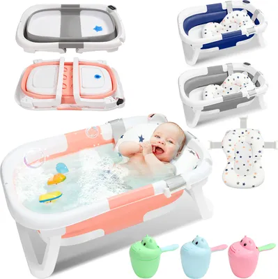 Produktbild von Jayseuw Baby Badewanne Faltbar mit Thermometer und Badekissen - Faltbare Badewanne Baby - Babywanne - Rosa
