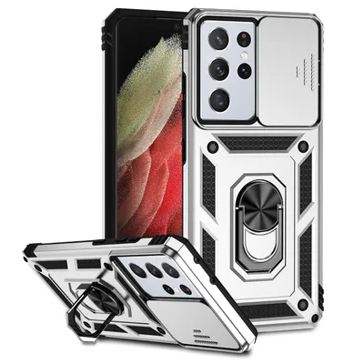 Obrázek produktu pro Pouzdro pro Samsung Galaxy S21 Ultra 5G dvouvrstvé pouzdro s posuvným krytem kamery a prstencovým stojánkem Stříbro