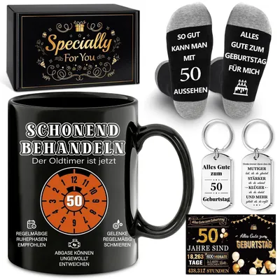 Immagine prodotto di Set regalo per il 50° compleanno, uomo: tazza, calzini, portachiavi, capacità 350 ml