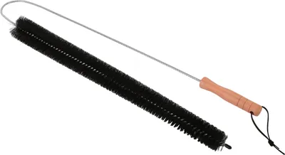A cleaning brush with a long flexible wire and black bristles, and a light brown wooden handle.