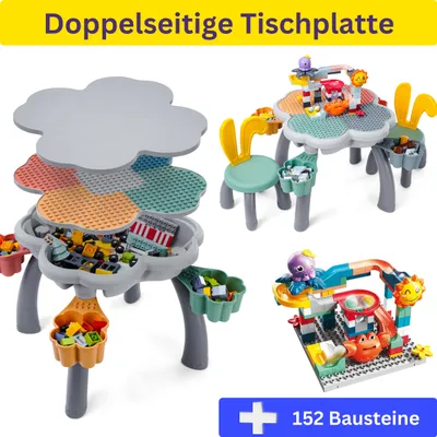 Produktbild von WonderMind® Bunny Kinder Spieltisch/Sandkasten (drinnen oder draußen) mit doppelseitiger Tischplatte und 2 Stühlen, + 152 Bauklötze (DUPLO-kompatibel)