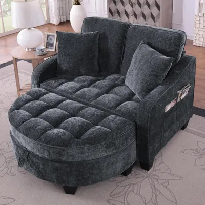 Immagine prodotto di Divano letto 2 in 1 nero con poggiapiedi, tessuto traspirante, struttura in legno di eucalipto per soggiorno e camera da letto