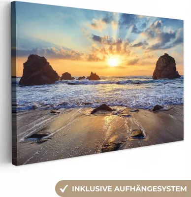 Produktbild von MuchoWow® - Leinwandbilder - Strand - Sonnenuntergang - Natur - Meer - Landschaft, Wandbild, Wanddeko Bilder Wohnzimmer, 90x60 cm
