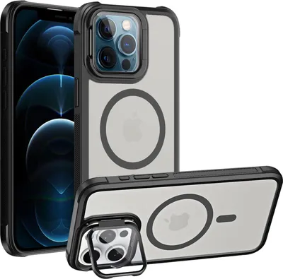 Produktbild von Conie MagSafe Schutzhülle für iPhone 12 Pro Hard Case Kunststoff Kamera Schutz Cover Hülle magnetisch mit Ständer in Schwarz
