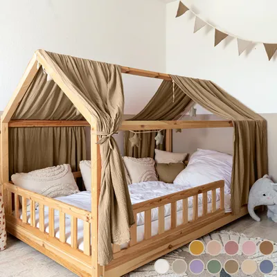 Produktbild von Hausbetthimmel Baumwoll Musselin Betthimmel Kinder Hausbett 2er Set
