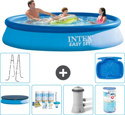 Produktbild von Intex runder aufblasbarer Easy-Set-Pool – 366 x 76 cm – Blau – im Lieferumfang enthalten Abdeckung - Wartungspaket - Filterpumpe für Schwimmbad - Filter - Leiter - Fußbad