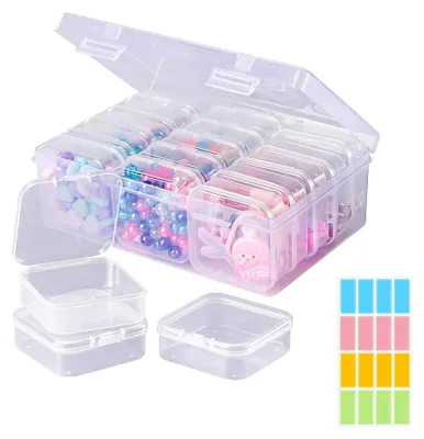 Produktbild von Sortierbox mit 15 Mini-Organisationsboxen (17,4×12,4×5,8cm) aus klarem Kunststoff für Perlen, Schmuck und Angelzubehör, inklusive 2 Bogen Etiketten