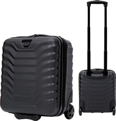 A black suitcase is shown from two angles against a white background.