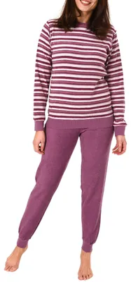 Produktbild von Eleganter Damen Frottee Pyjama Schlafanzug mit Bündchen in Streifenoptik  - 291 201 13 572 ; beere , 48