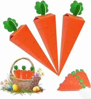 Produktbild von Geschenktüten Ostern 50 Stück Karottenform Geschenkboxen Orange Papierboxen faltbar für Süßigkeiten Mitgebsel Kinder Erwachsene Osterparty Deko zum Befüllen Basteln Wiederverwendbar