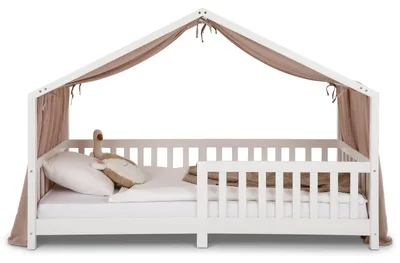 Produktbild von Hausbett Himmel LIAN in taupe - Betthimmel aus 100% Baumwolle, Baldachin Musselin zweilagig, Bettvorhang für Kinder, Hausbett Deko