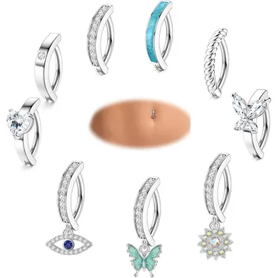 Zdjęcie produktu dla Zestaw do piercingu pępka, 9 sztuk, stal chirurgiczna 14G, z motylem z kryształów CZ i zapięciem typu clicker, srebrne, 10 mm