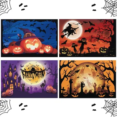 Zdjęcie produktu dla Serwety na stół, motyw Halloween, 4 sztuki, len, 12x18 cali, możliwość prania, motywy: dynia, czarownica, duch, wampir
