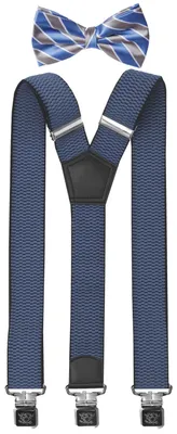 Produktbild von Fabio Farini - 1 Stück mit passender Fliege als Set 4cm Y-Form für Herren Pack Blauen 4cm Hosenträger - Blau/Grau Gestreiften Fliege