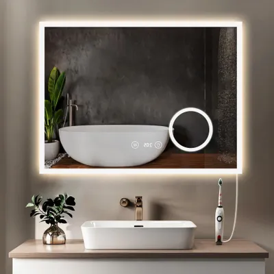 Produktbild von Badspiegel, 3-farbig dimmbarer LED, Anti-Beschlag mit einer 3-fachen Lupe, Uhr, temperaturempfindliche Anzeige und seitliche Ladebuchse 60*80 cm
