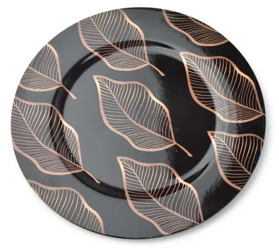 Image de ASSIETTE TELLLER, diamètre 33 cm, en plastique. Assiette de présentation, collection MONDEX, motif feuilles dorées
