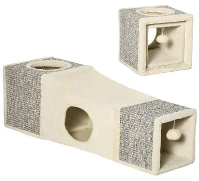 Productafbeelding van Kattentunnel, 2 kattenholen, kraboppervlakken en speelballen, 98 cm x 30 cm x 30 cm, bruin + beige