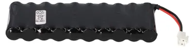 A black rechargeable battery pack with a white connector and red and black wires.