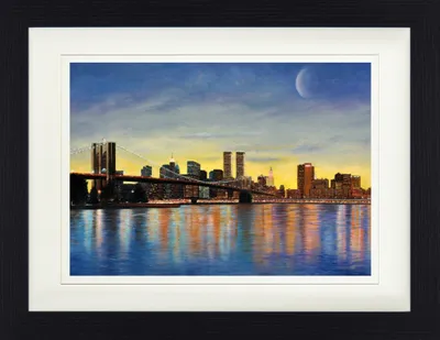 Obrázek produktu pro New York Zarámovaný obraz s paspartou | Wall Art | V rámu - Brooklynský most za úsvitu s panoramatem (30 x 40 cm)