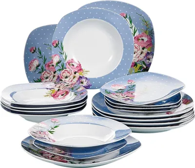 Obrázek produktu pro Porcelánová jídelní souprava VEWEET, 18 ks nádobí pro 6 osob, série "Hannah", 6 dezertních talířů, 180 ml polévkových talířů a jídelních talířů, každý kus