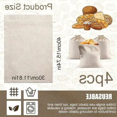 Produktbild von Recycelbare Stoffbeutel Set für Brot und Gemüse - mit Riemenzug - 4 Stück (30x40cm)