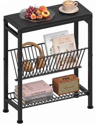 Schmaler Beistelltisch mit Zeitschriftenhalter, 43x18x55 cm, schwarz
