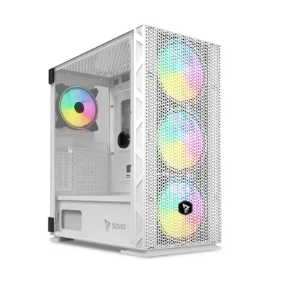Produktbild von Savio Raptor White X1 ARGB Glass/Mesh White Computer Case, Midi Tower, PC, Weiß, ATX, EATX, ITX, micro ATX, Netz, Stahl, Gehärtetes Glas, Gaming