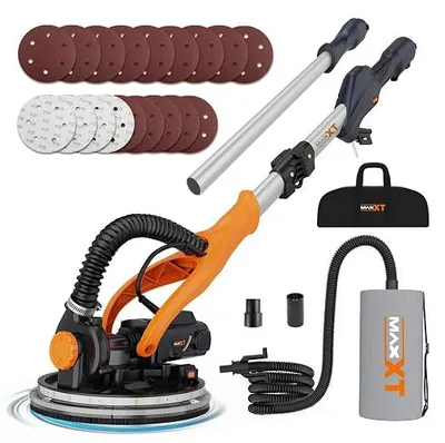 Productafbeelding van 820W drogebouwschuurmachine met ringvormige LED-verlichting | Opklapbare handgreep + verlengbuis (tot 165 cm) | 215 mm schuurplaat & 225 mm schuurpapier | 600-1900 tpm | zesvoudig stofafzuigsysteem