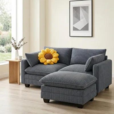 Obrázok produktu pre BEALIFE Rohová pohovka 168x76x91 cm | 2-miestna + taburet z manšestru | Do malých obývačiek a spální | Béžová/tmavošedá | AR88-16