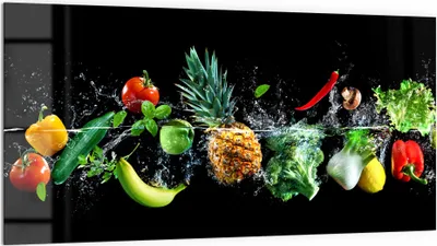 Produktbild von DEQORI Küchenrückwand Glas 100x50 cm 'Sauberes Obst und Gemüse' Spritzschutz Bad Rückwand
